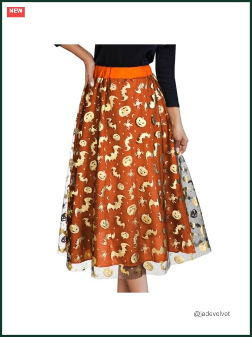 Layered Mesh Tulle Tutu Skirt with Gold Foil Pumpkins & Bats - Elastic Waist